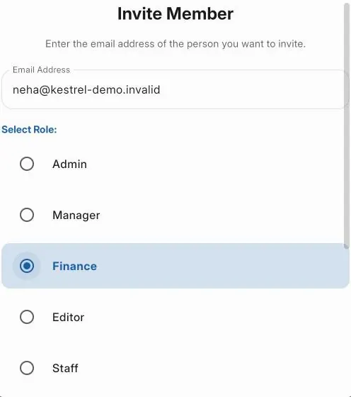 Inviting a new member by email and choosing their role: Admin, Manager, Finance, Editor or Staff. Demo data.