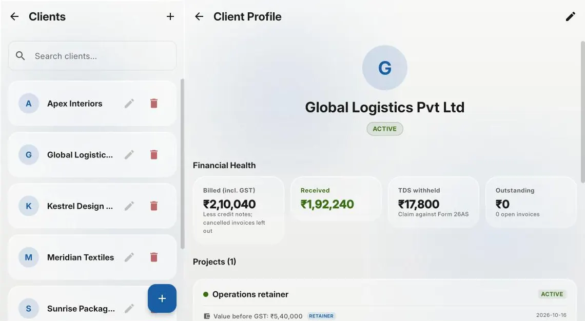 The client list beside Global Logistics: ₹2,10,040 billed, ₹1,92,240 received, ₹17,800 TDS withheld and nothing outstanding. Demo data.