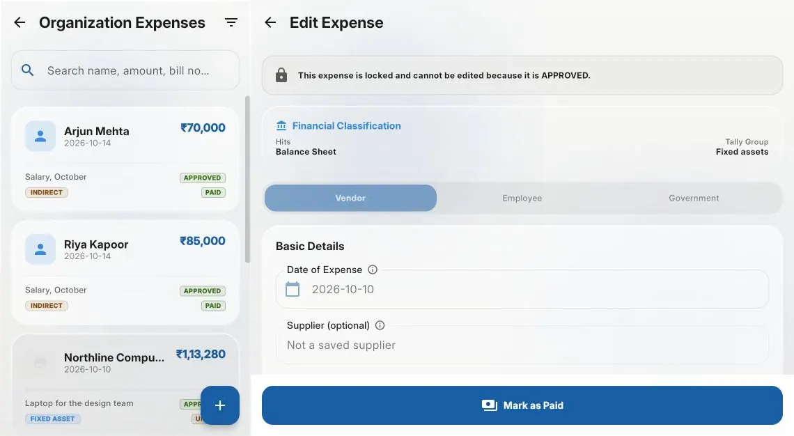 The expense list beside an approved laptop bill, classified on the balance sheet under fixed assets. Demo data.