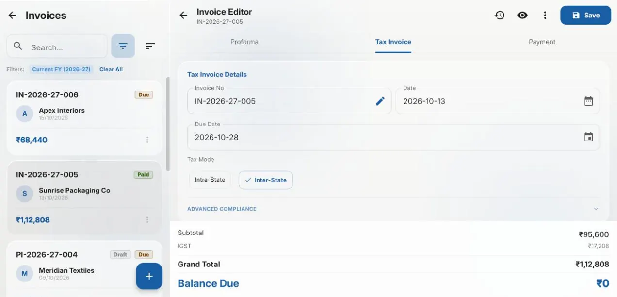 The Invovibe invoice list beside a paid inter-state tax invoice: ₹95,600 plus ₹17,208 IGST, ₹1,12,808 in all, nothing due. Demo data.
