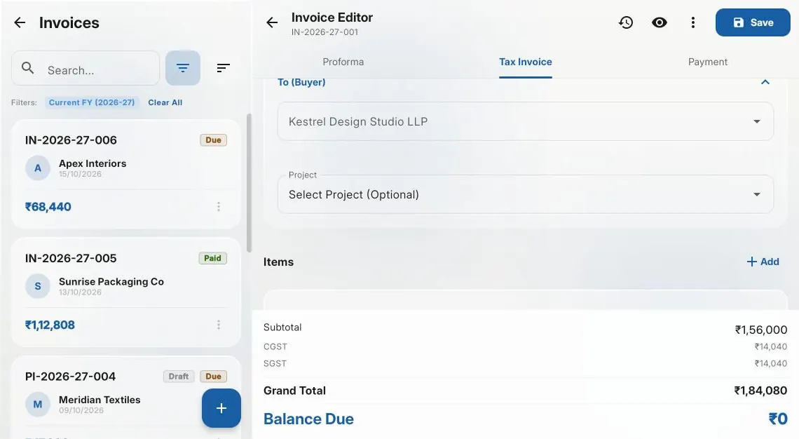 The invoice list, numbered IN-2026-27-001 onward, beside the editor with the buyer, Kestrel Design Studio LLP, chosen and the items to follow. Demo data.