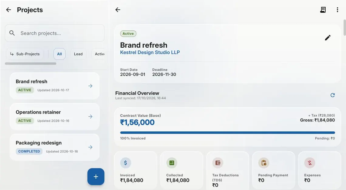 The project list beside the Brand refresh project: ₹1,56,000 contract value, fully invoiced and collected. Demo data.