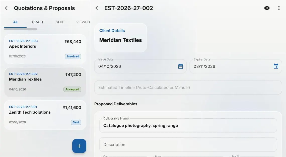 The quotation list — one invoiced, one accepted, one sent — beside the accepted quotation for Meridian Textiles, catalogue photography. Demo data.