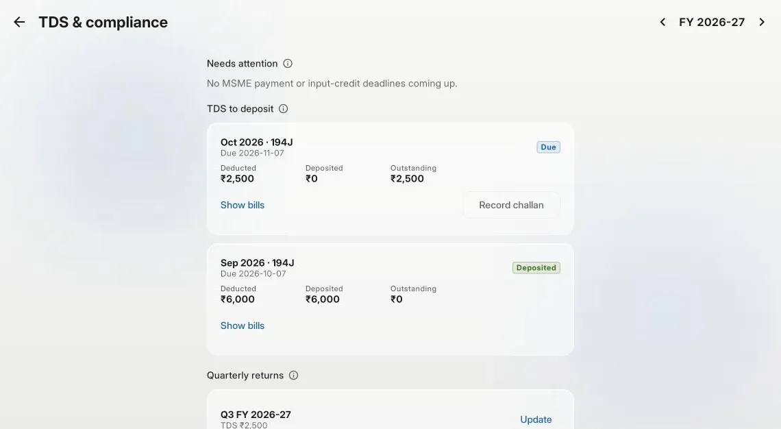 The TDS register for FY 2026-27: October's ₹2,500 under 194J due on 7 November, September's ₹6,000 deposited. Demo data.